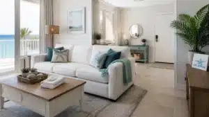 PL4_S0wVQ_f - Mister Moppin - Mister Moppin Bright coastal living room with white sofa, teal cushions, and a sea-view balcony.